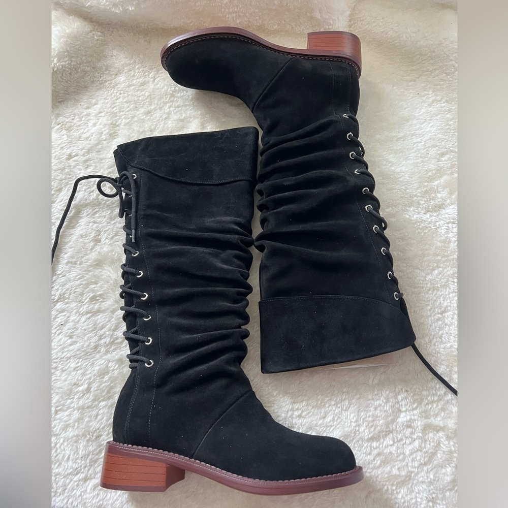 Black Lace-Up Knee-High Suede Boots